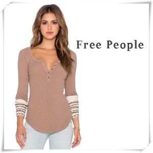 FREE People Ski Lodge Knit Cuff Thermal Long Sleeve Shirt Mushroom Combo Size S